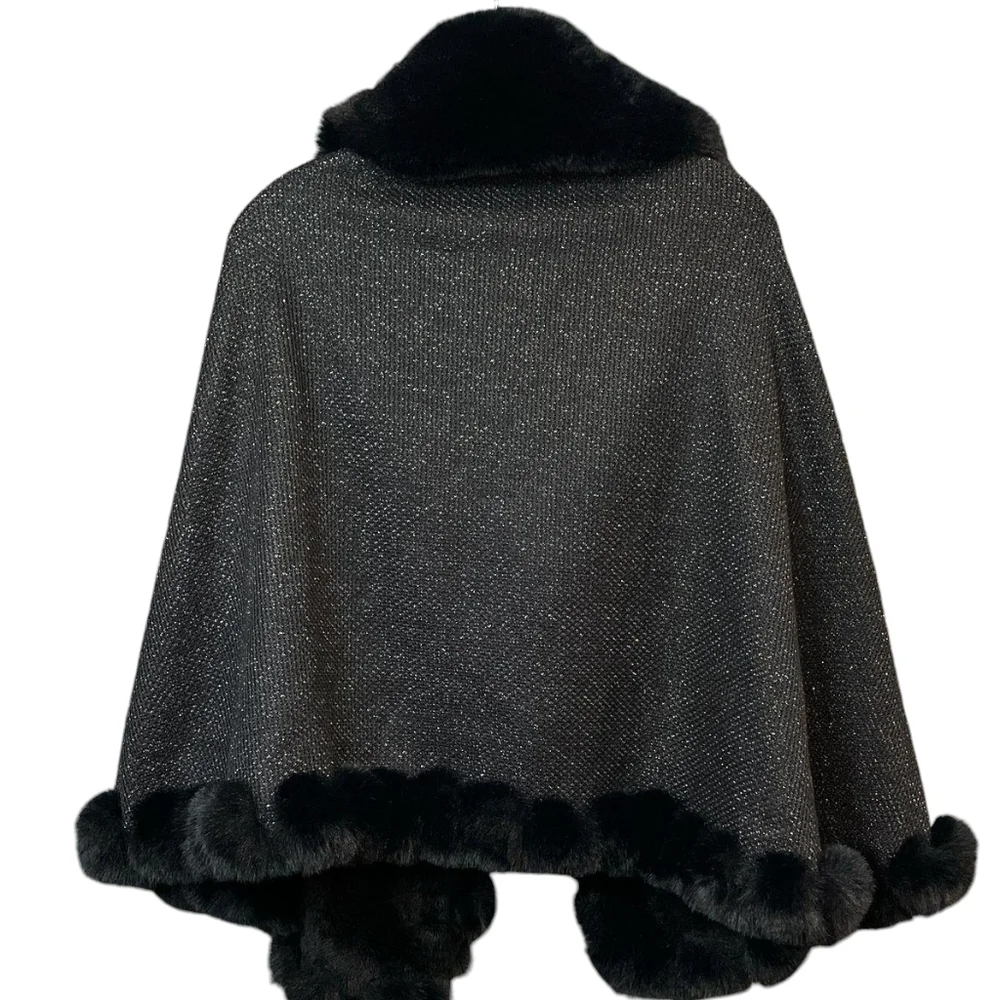 NWT VINCE CAMUTO Whip Stitched Black Faux Fur Trimmed Cape - Picture 4 of 7
